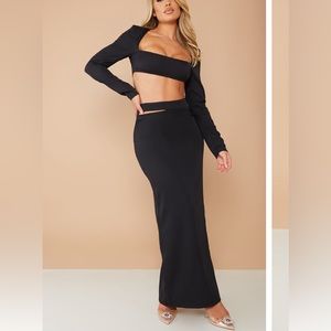 Prettylittlething Black Woven Cut Out Waist Maxi Skirt